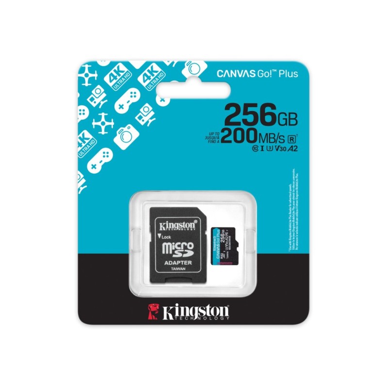 Kingston Canvas Go! Plus microSD 256 GB – UHS‑I U3, Class 10, brzina čitanja 200 MB/s, pisanja 160 MB/s, s adapterom
