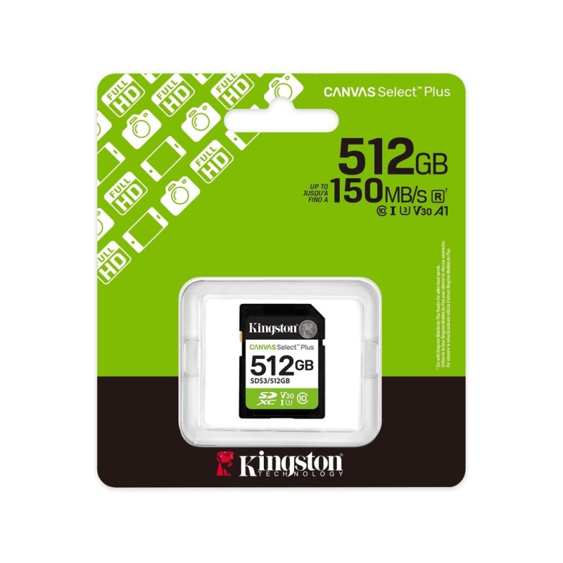 Kingston SDHC 512GB Class 10Canvas Select Plus150 MBs,Class 10 UHS-I